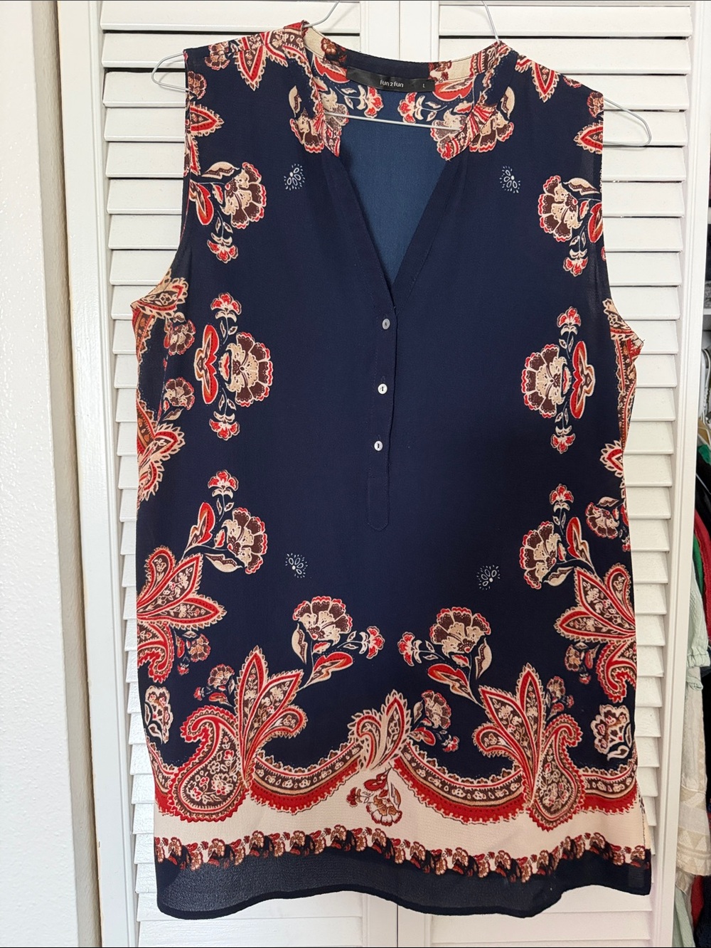 fun 2 fun Navy Sleeveless Paisley Print Camisole with Red and Cream Accents